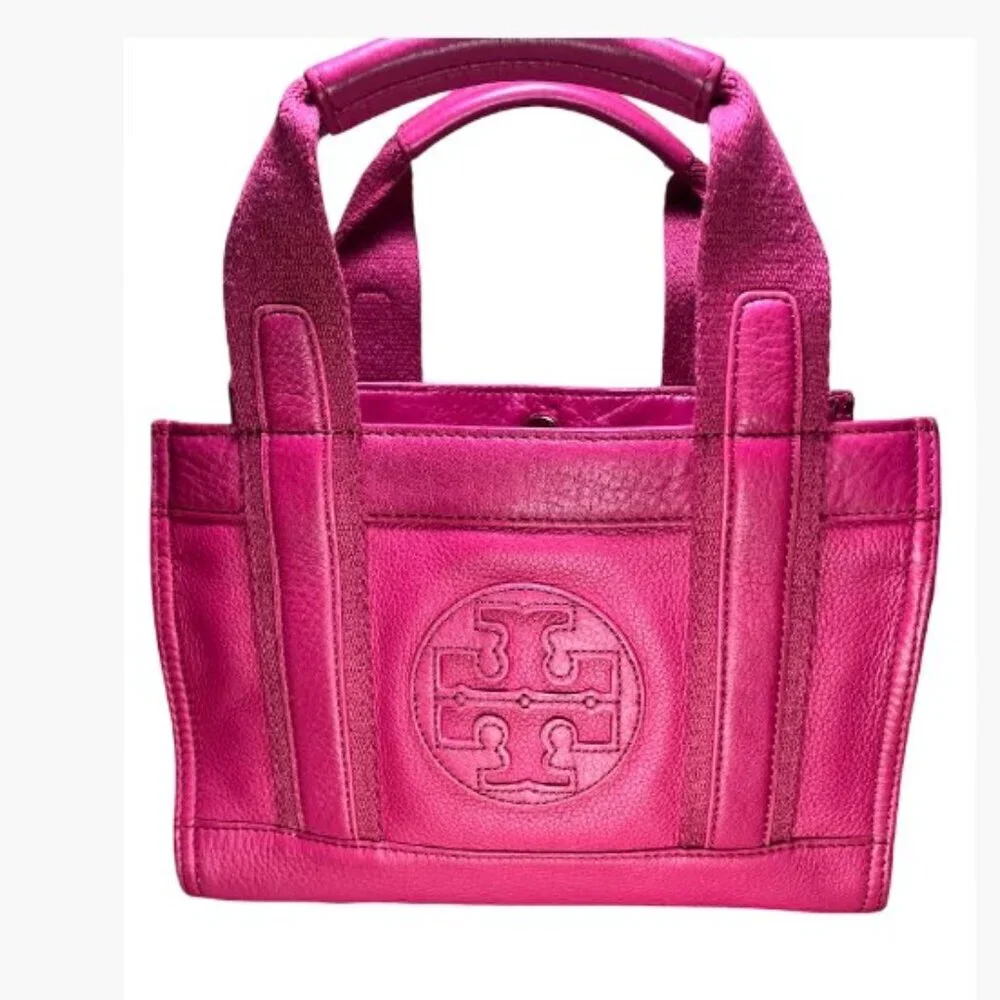 Tory Burch Ella   PM Party Host Pick   Small Leather and Canvas Tote Magenta EUC - Picture 2 of 14